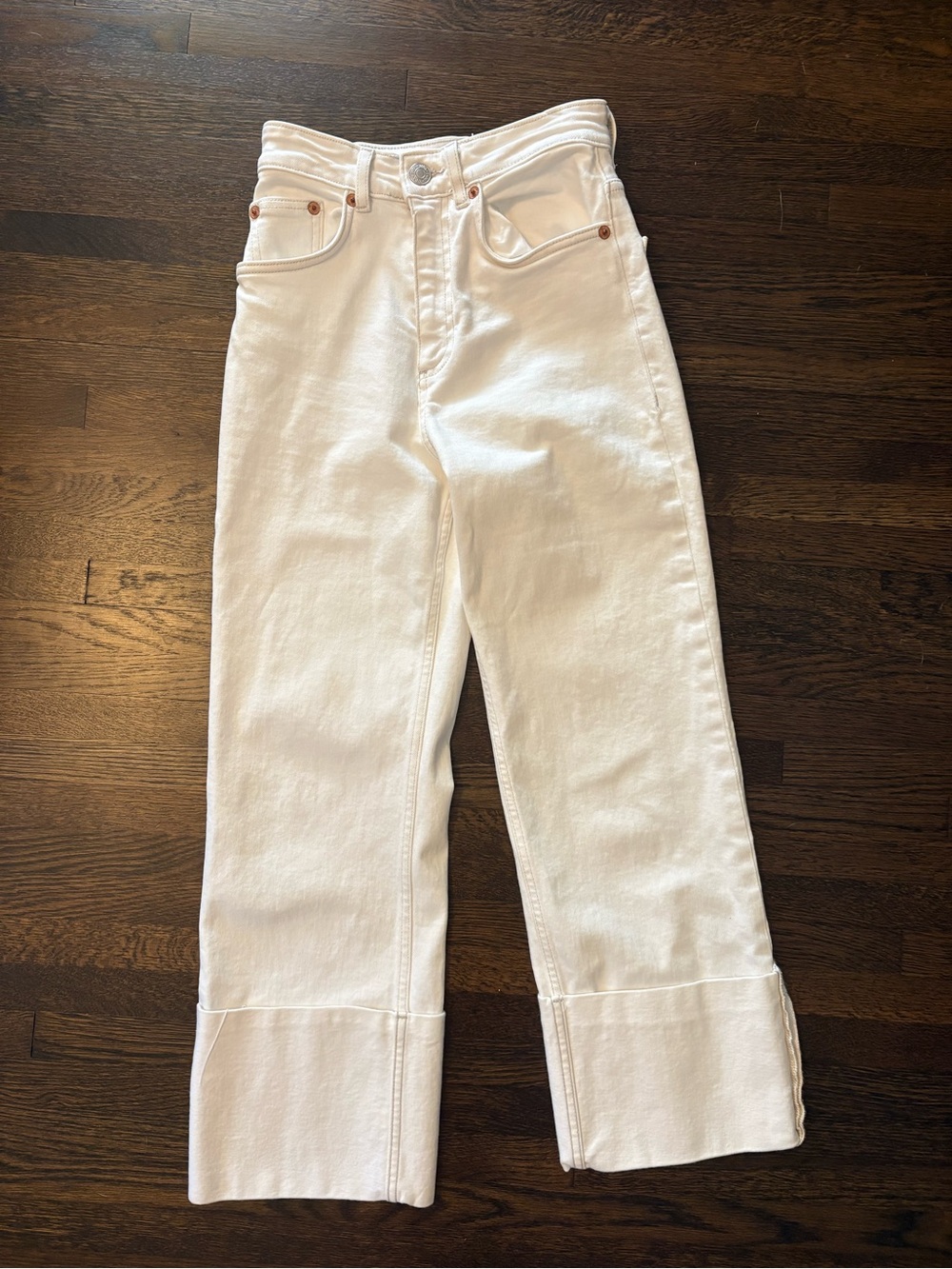 Zara White High-Rise Wide-Leg Jeans with Cuffed Hem